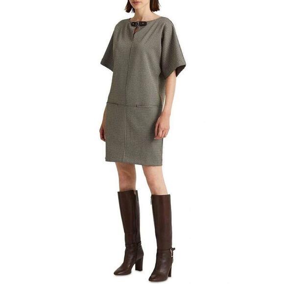 Lauren Ralph Lauren Large Petite Buckle Trim Jacquard Shift Dress in Brown - Picture 1 of 10